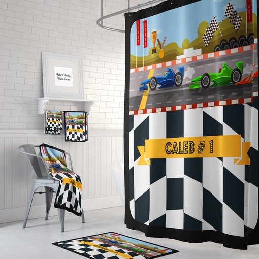 Personalized Race Car Shower Curtain - Customized Bathroom Decor for Racing Fans