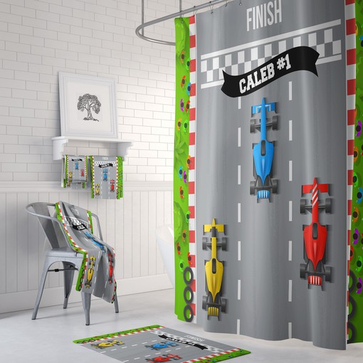 Personalized Race Car Shower Curtain with Checkered Flag Bath Set for Playful Bathroom Decor