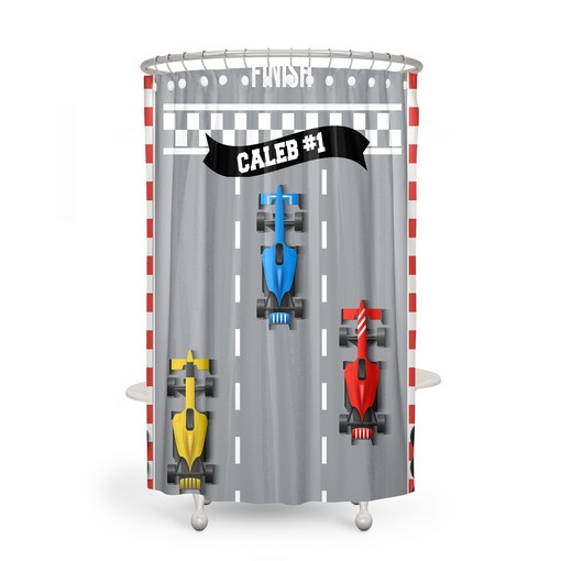 Personalized Race Car Shower Curtain with Checkered Flag Bath Set for Playful Bathroom Decor - Image 2