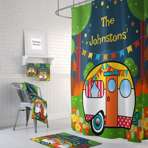 Personalized Retro Camper Shower Curtain | Unique Camping Design | Vintage Bathroom