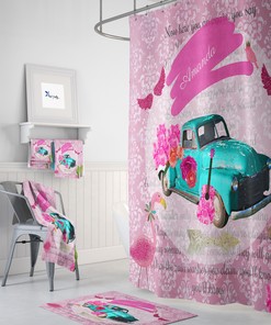 Personalized Retro Old Truck Shower Curtain | Boho Pink Bath Decor | Vintage Bathroom