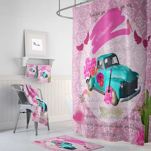Personalized Retro Old Truck Shower Curtain | Boho Pink Bath Decor | Vintage Bathroom