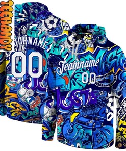 Personalized Stitched Graffiti Pattern White Royal All Over Print 3D Hoodie with Creative Graffiti Design