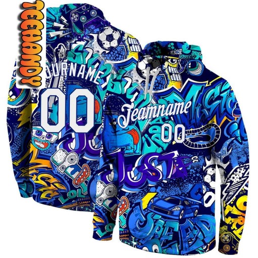 Personalized Stitched Graffiti Pattern White Royal All Over Print 3D Hoodie with Creative Graffiti Design