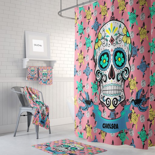 Personalized Sugar Skull Bathroom Set with Pink Skull Shower Curtain for Bohemian Bathroom Decor