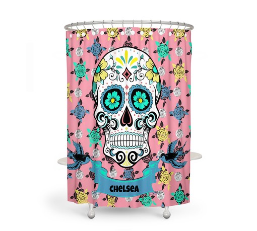 Personalized Sugar Skull Bathroom Set with Pink Skull Shower Curtain for Bohemian Bathroom Decor - Image 2
