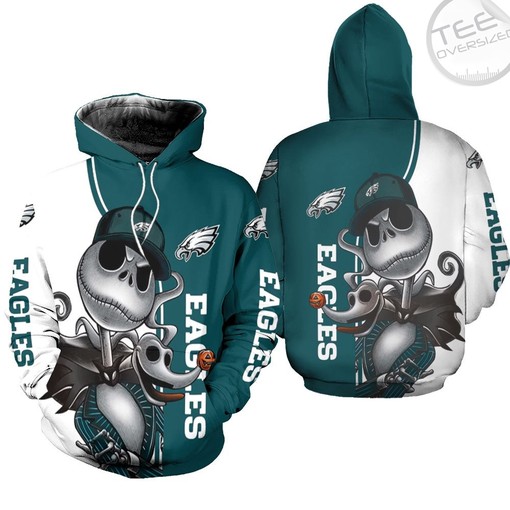 Philadelphia Eagles All Over Print 3D Hoodie with Jack Skellington and Zero Full size