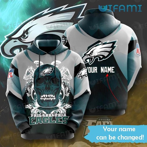 Philadelphia Eagles Custom Name All Over Print Hoodie with Skull Design