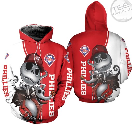 Philadelphia Phillies All Over Print Zip-Up Hoodie with Jack Skellington and Zero 3D
