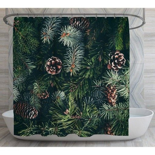 Pine Cones Vintage Shower Curtain | Vintage Christmas Bath Decor | Green & Brown Design