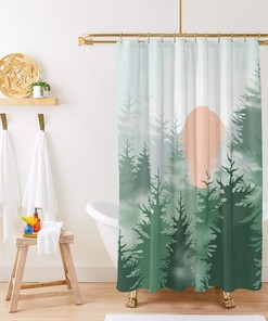 Pine Forest Moon Landscape Shower Curtain | Trees Nature Print | Bathroom Decor