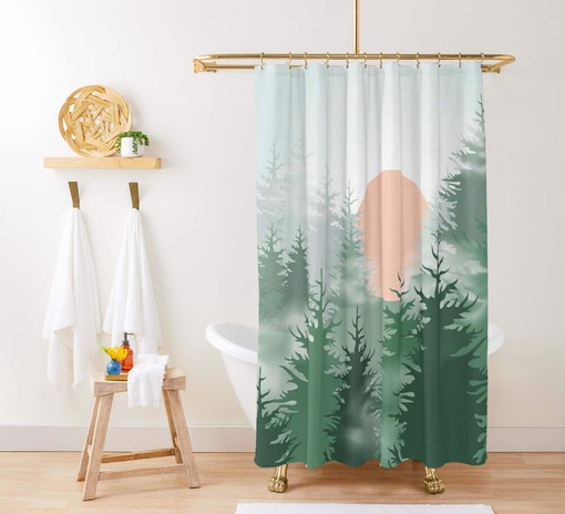 Pine Forest Moon Landscape Shower Curtain | Trees Nature Print | Bathroom Decor
