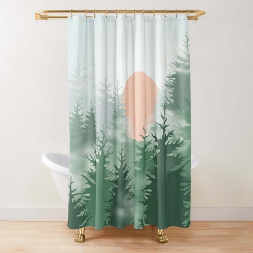 Pine Forest Moon Landscape Shower Curtain | Trees Nature Print | Bathroom Decor - Image 2