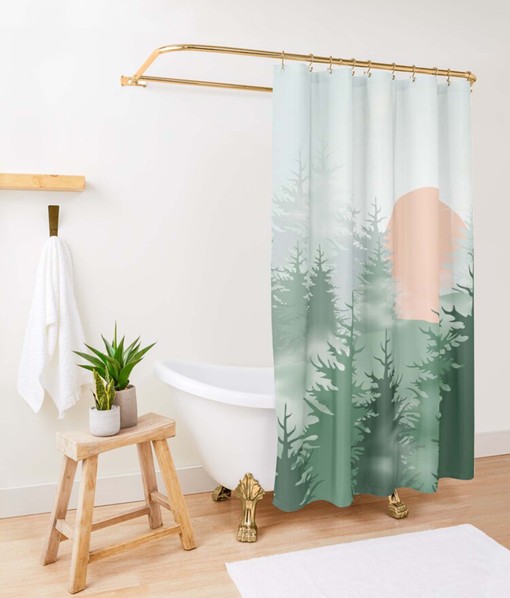 Pine Forest Moon Landscape Shower Curtain | Trees Nature Print | Bathroom Decor - Image 3