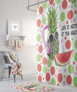 Pineapple Beach Theme Shower Curtain with Matching Bath Accessories for Tropical Bathroom Decor