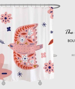 Pink Bird Print Shower Curtain, Floral Waterproof Curtain for Bath