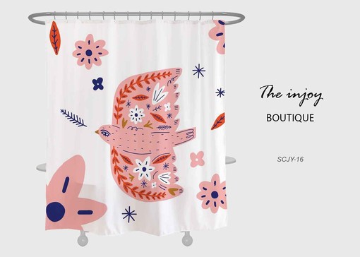 Pink Bird Print Shower Curtain, Floral Waterproof Curtain for Bath