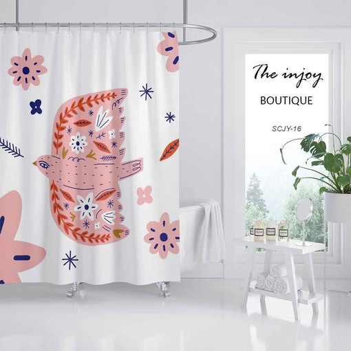 Pink Bird Print Shower Curtain, Floral Waterproof Curtain for Bath - Image 2