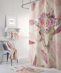 Pink Boho Bull Skull Shower Curtain / Eclectic Bohemian Bathroom Decor / Unique Bath Print
