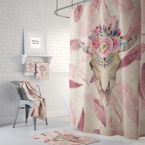 Pink Boho Bull Skull Shower Curtain / Eclectic Bohemian Bathroom Decor / Unique Bath Print