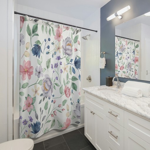 Pink Boho Floral Shower Curtain - Farmhouse Touch with Colorful and Floral Design