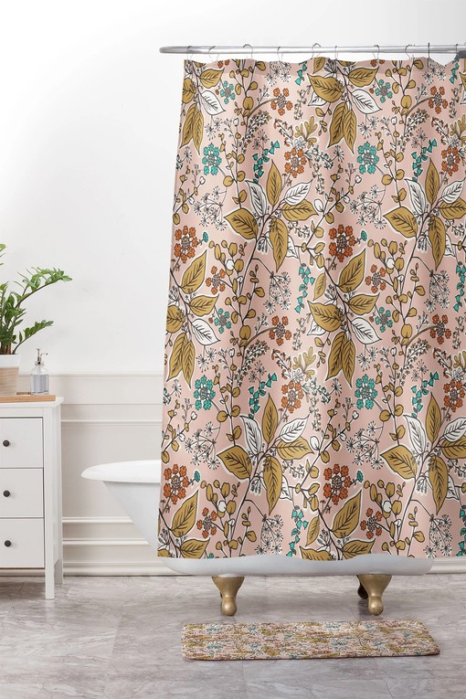 Pink Boho Floral Shower Curtain, Vintage-Inspired Bathroom Decor, Fabric Bath Curtain