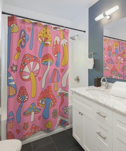 Pink Boho Mushroom Shower Curtain | Retro Gothic Forest Bath Decor | Kids Bathroom Shower Curtains