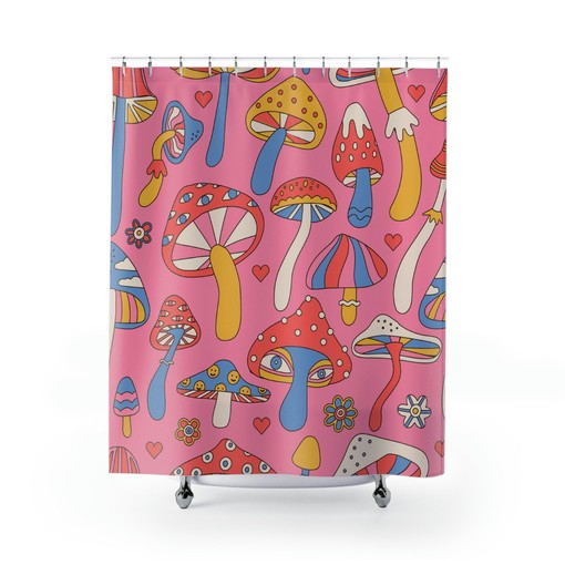 Pink Boho Mushroom Shower Curtain | Retro Gothic Forest Bath Decor | Kids Bathroom Shower Curtains - Image 2
