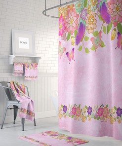 Pink Butterfly Shower Curtain with Optional Bath Set for Girly Bathroom Decor