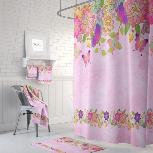 Pink Butterfly Shower Curtain with Optional Bath Set for Girly Bathroom Decor
