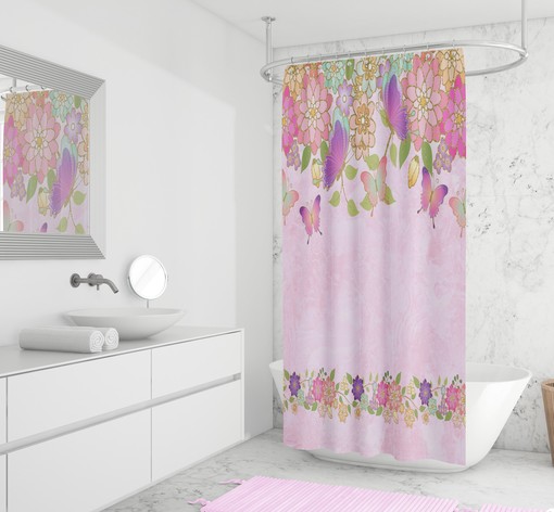 Pink Butterfly Shower Curtain with Optional Bath Set for Girly Bathroom Decor - Image 2
