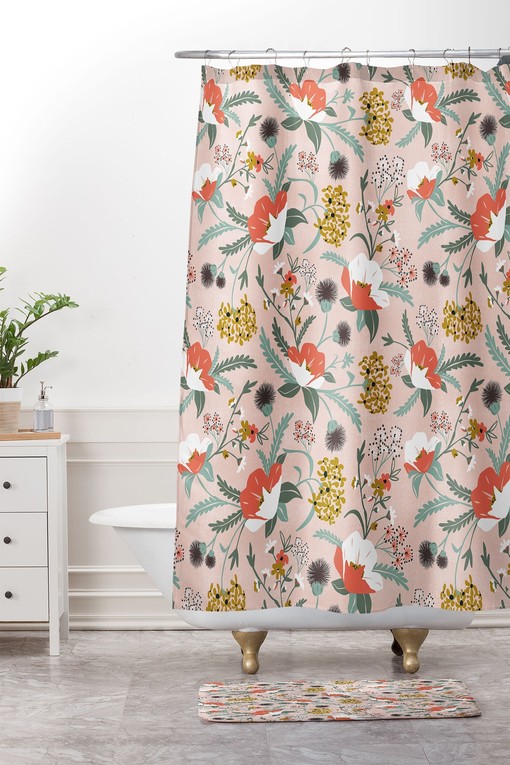 Pink Floral Boho Shower Curtain, Unique Elegance for Your Bathroom Decor, Fabric Bath Curtain