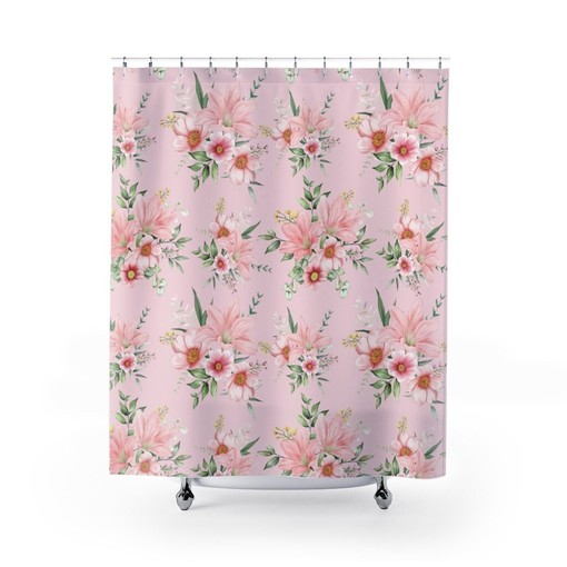 Pink Flowers Shower Curtain, Bathroom Bath Curtain Decor