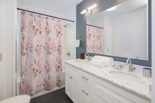 Pink Flowers Shower Curtain, Bathroom Bath Curtain Decor - Image 2