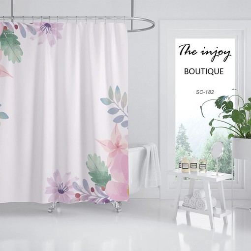 Pink Flowers and Leaf Shower Curtain, Custom Size Unique Design Bathroom Decor - Image 2