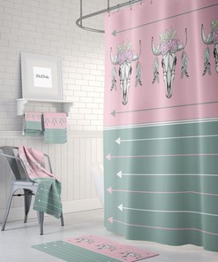 Pink Green Boho Bull Skull Shower Curtain / Optional Bath Mat and Towels / Bohemian Bathroom Set Unique Bohemian Decor
