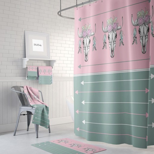 Pink Green Boho Bull Skull Shower Curtain / Optional Bath Mat and Towels / Bohemian Bathroom Set Unique Bohemian Decor