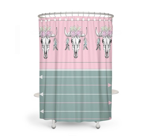Pink Green Boho Bull Skull Shower Curtain / Optional Bath Mat and Towels / Bohemian Bathroom Set Unique Bohemian Decor - Image 2