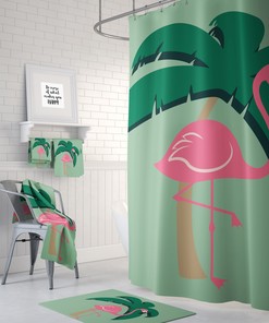 Pink Green Flamingo Shower Curtain | Tropical Bathroom Decor, Colorful Curtains