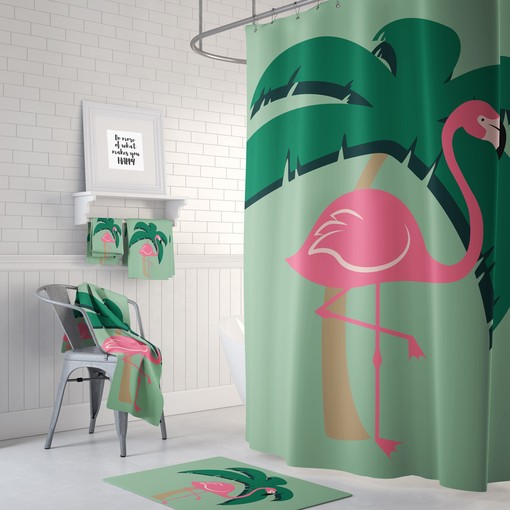 Pink Green Flamingo Shower Curtain | Tropical Bathroom Decor, Colorful Curtains