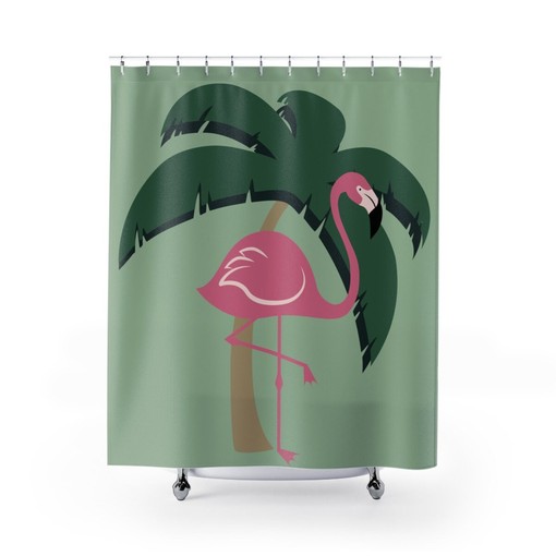 Pink Green Flamingo Shower Curtain | Tropical Bathroom Decor, Colorful Curtains - Image 2
