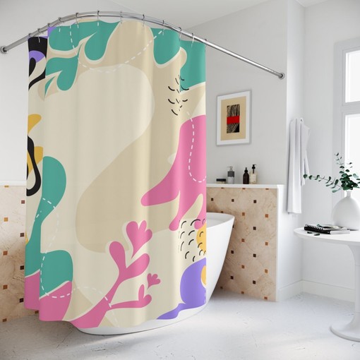 Pink Leaves Retro Shapes Shower Curtain | Minimalistic Contemporary Art | Restroom Shower Curtains Decorative