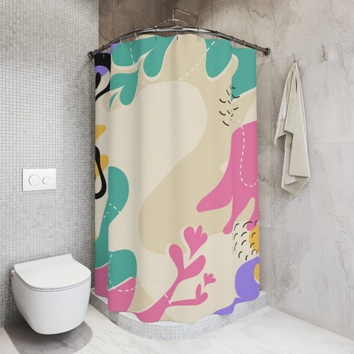 Pink Leaves Retro Shapes Shower Curtain | Minimalistic Contemporary Art | Restroom Shower Curtains Decorative - Image 2