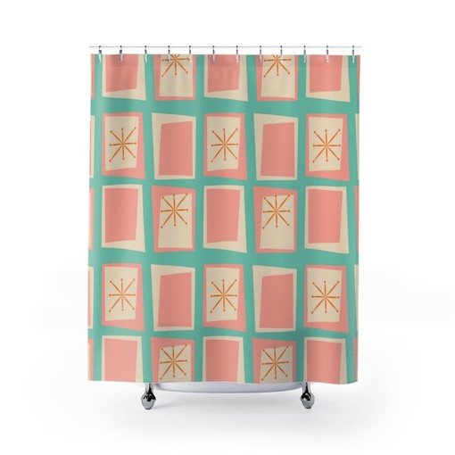 Pink Mid Century Modern Shower Curtain, Vintage Retro Apartment Bathroom Decor