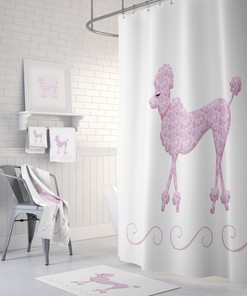 Pink Poodle Shower Curtain | Black and White Bath Mat & Towels | 50s Bathroom Decor