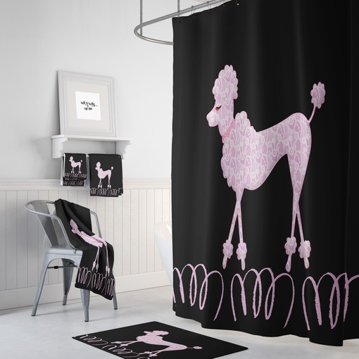 Pink Poodle Shower Curtain | Black and White Bath Mat & Towels | 50s Bathroom Decor - Image 2