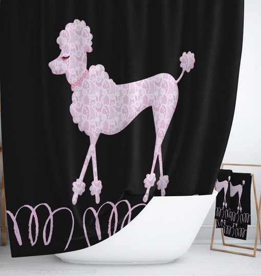 Pink Poodle Shower Curtain | Black and White Bath Mat & Towels | 50s Bathroom Decor - Image 3