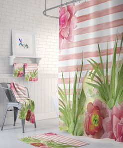 Pink Succulent Cactus Shower Curtain Set with Colorful Bath Accessories for Eco-Friendly Bathroom Decor
