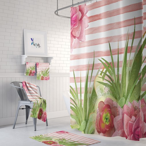 Pink Succulent Cactus Shower Curtain Set with Colorful Bath Accessories for Eco-Friendly Bathroom Decor