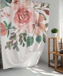 Pink Watercolor Floral Shower Curtain | Botanical Summer Flowers Leaves | Fabric Bathroom Curtain Mat | Home Bath Decor
